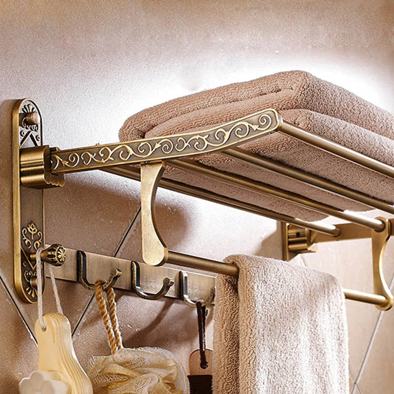 Foldable Aluminum Towel Rack with Double Shelf and Hooks | Lersk