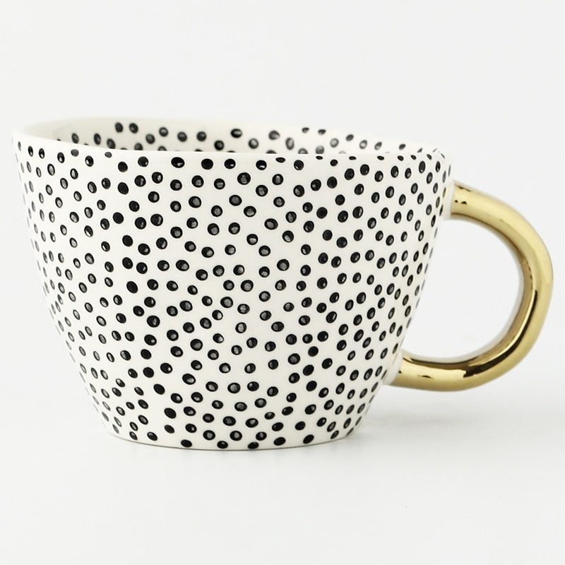 Elegant Cup With Abstract Geometric Pattern And Gold Handle For Everyday Coffee Or Tea | Lersk