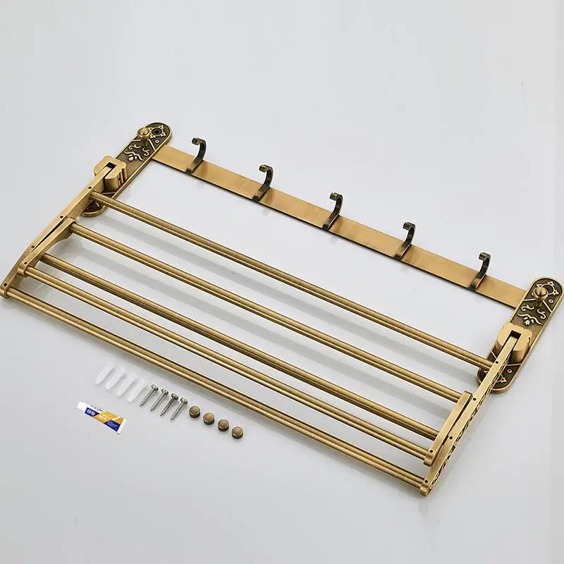 Foldable Aluminum Towel Rack with Double Shelf and Hooks | Lersk