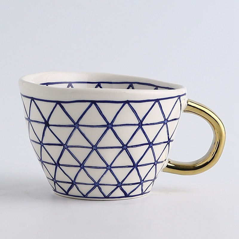 Elegant Cup With Abstract Geometric Pattern And Gold Handle For Everyday Coffee Or Tea | Lersk