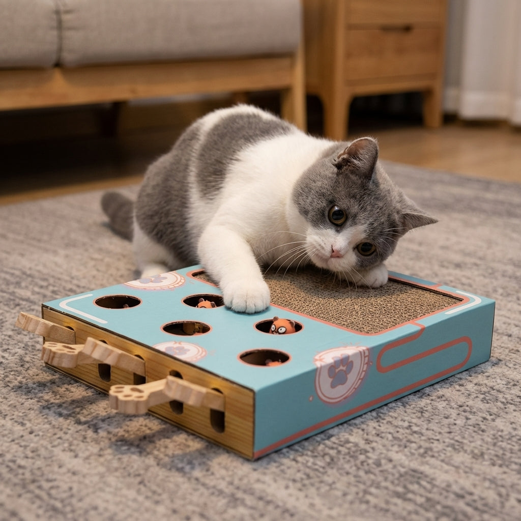 Interactive Whack-a-Mole Cat Toy Box With Corrugated Scratchpad Cardboard | Lersk