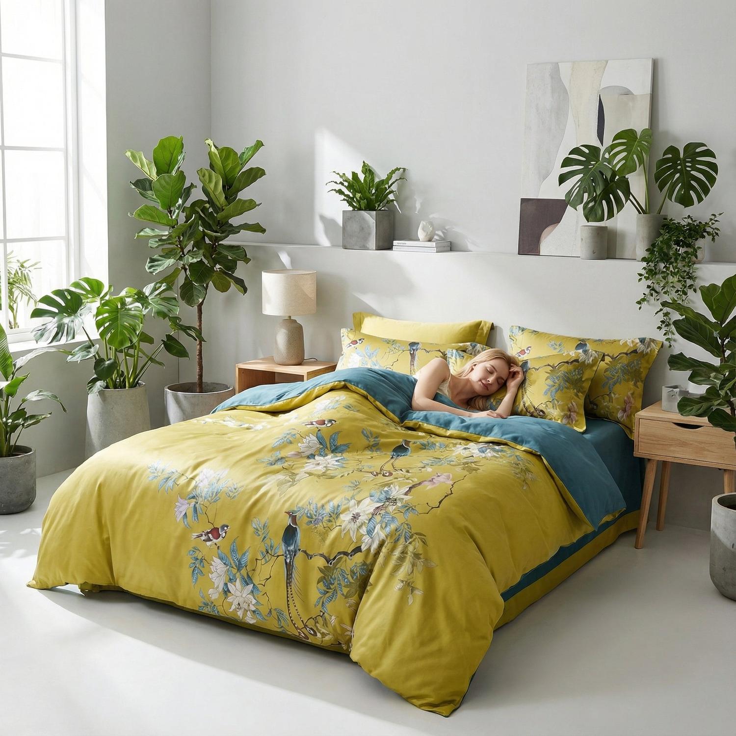 Conjunto de Capa de Edredão em Algodão Aurora com Design Vibrante de Pássaros | Lersk