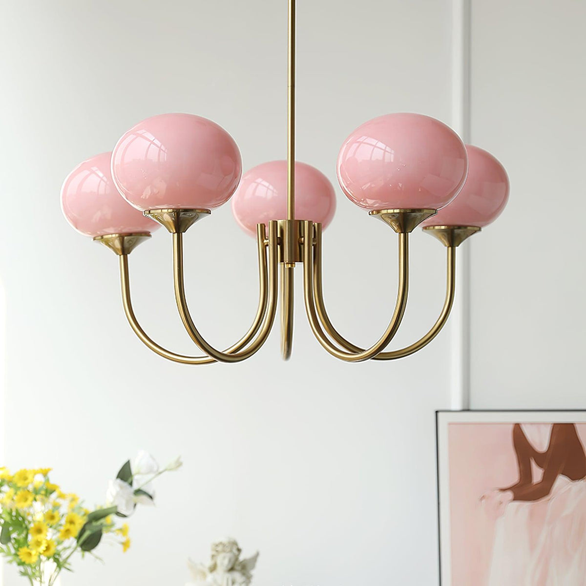 Lumara Marshmallow LED Chandelier In Gold Finish And Pink Glass Shades