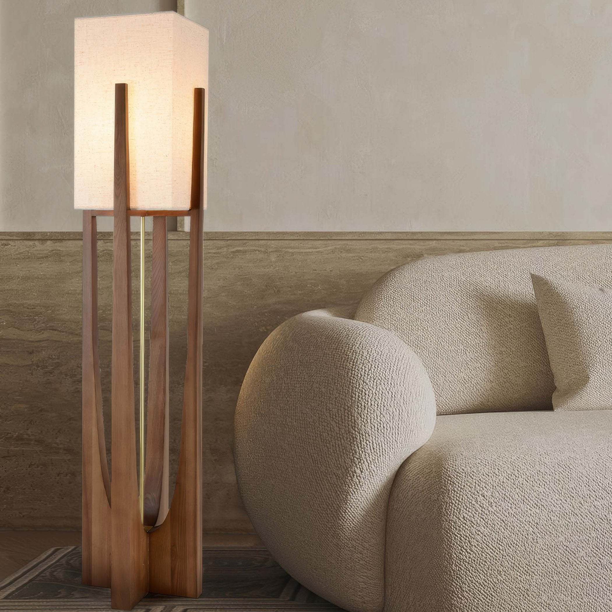 Stojací lampa Caelum z masivního ořechu s lněným stínidlem do obývacího pokoje | Lersk