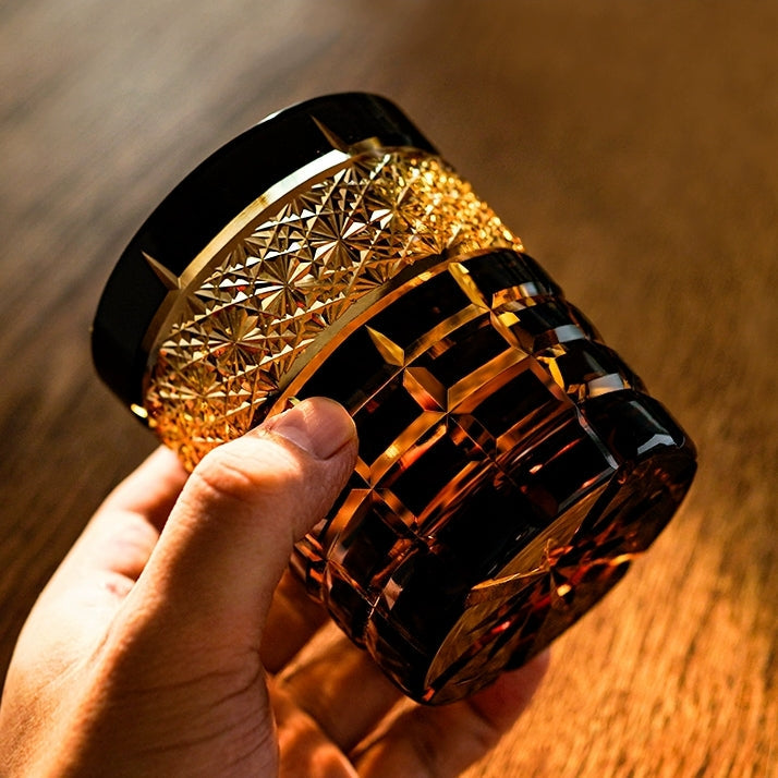 Kiyora Handcrafted Amber Whisky Glass With Diamond-Cut Design And Wooden Box | Lersk