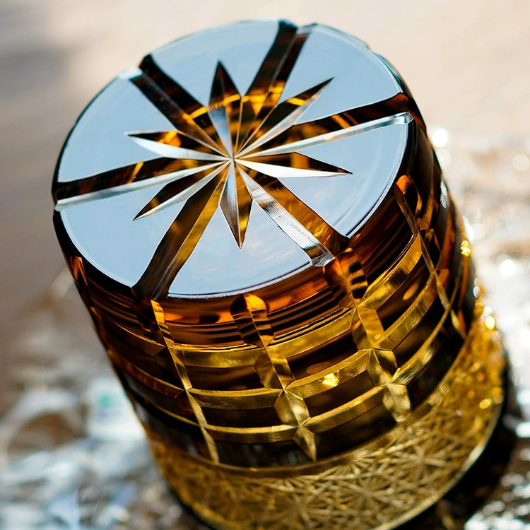 Kiyora Handcrafted Amber Whisky Glass With Diamond-Cut Design And Wooden Box | Lersk