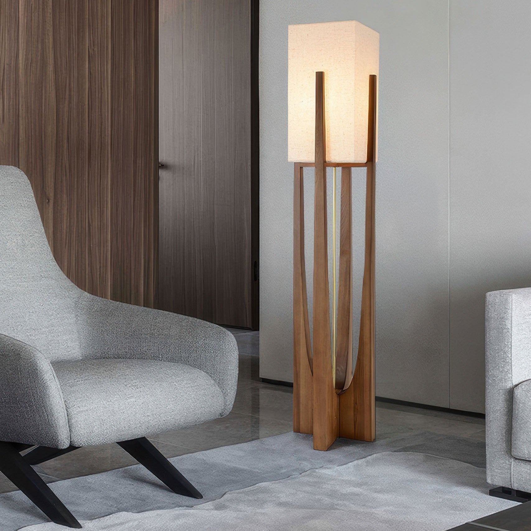 Stojací lampa Caelum z masivního ořechu s lněným stínidlem do obývacího pokoje | Lersk