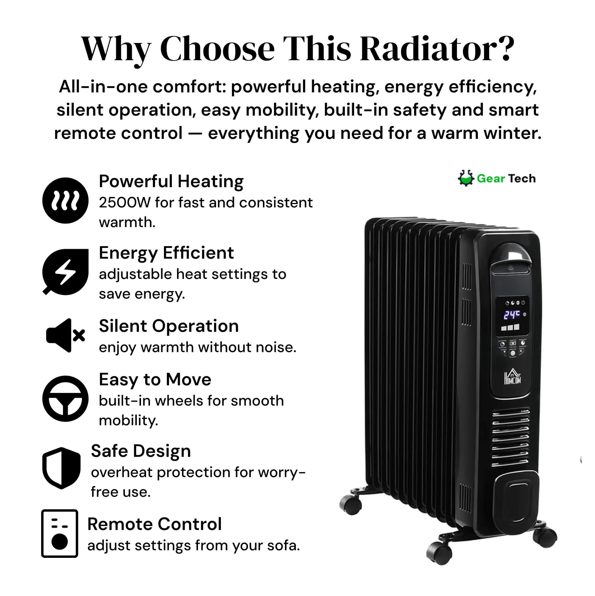 Přenosný olejový radiátor Thermi 2500W s časovačem a dálkovým ovládáním | Lersk