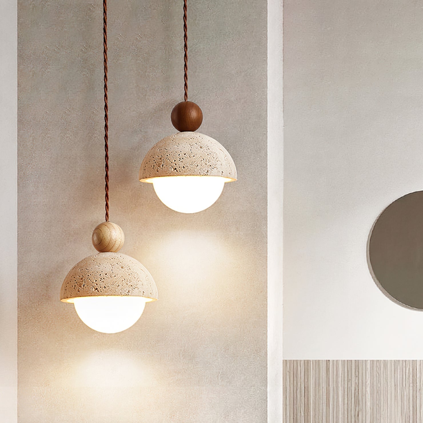 Lyra Travertine Dome Glass Pendant Light With Warm Wood | Lersk