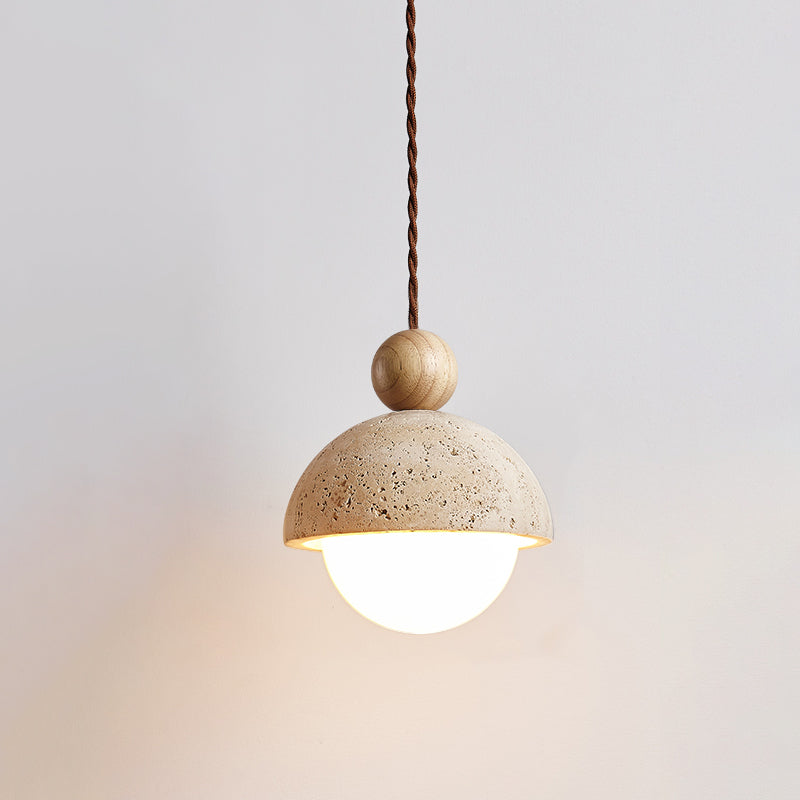 Lyra Travertine Dome Glass Pendant Light With Warm Wood | Lersk