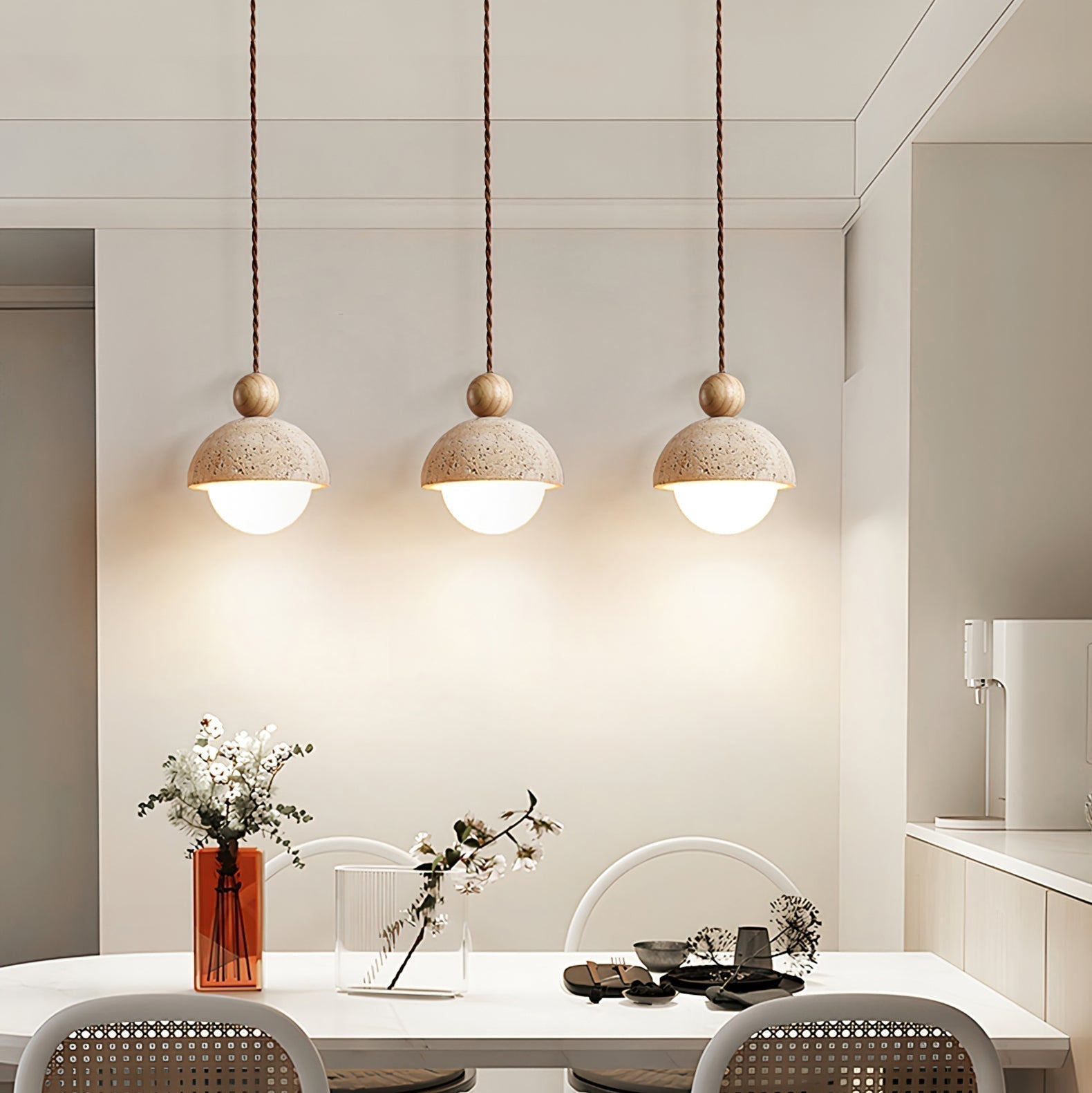 Lyra Travertine Dome Glass Pendant Light With Warm Wood | Lersk