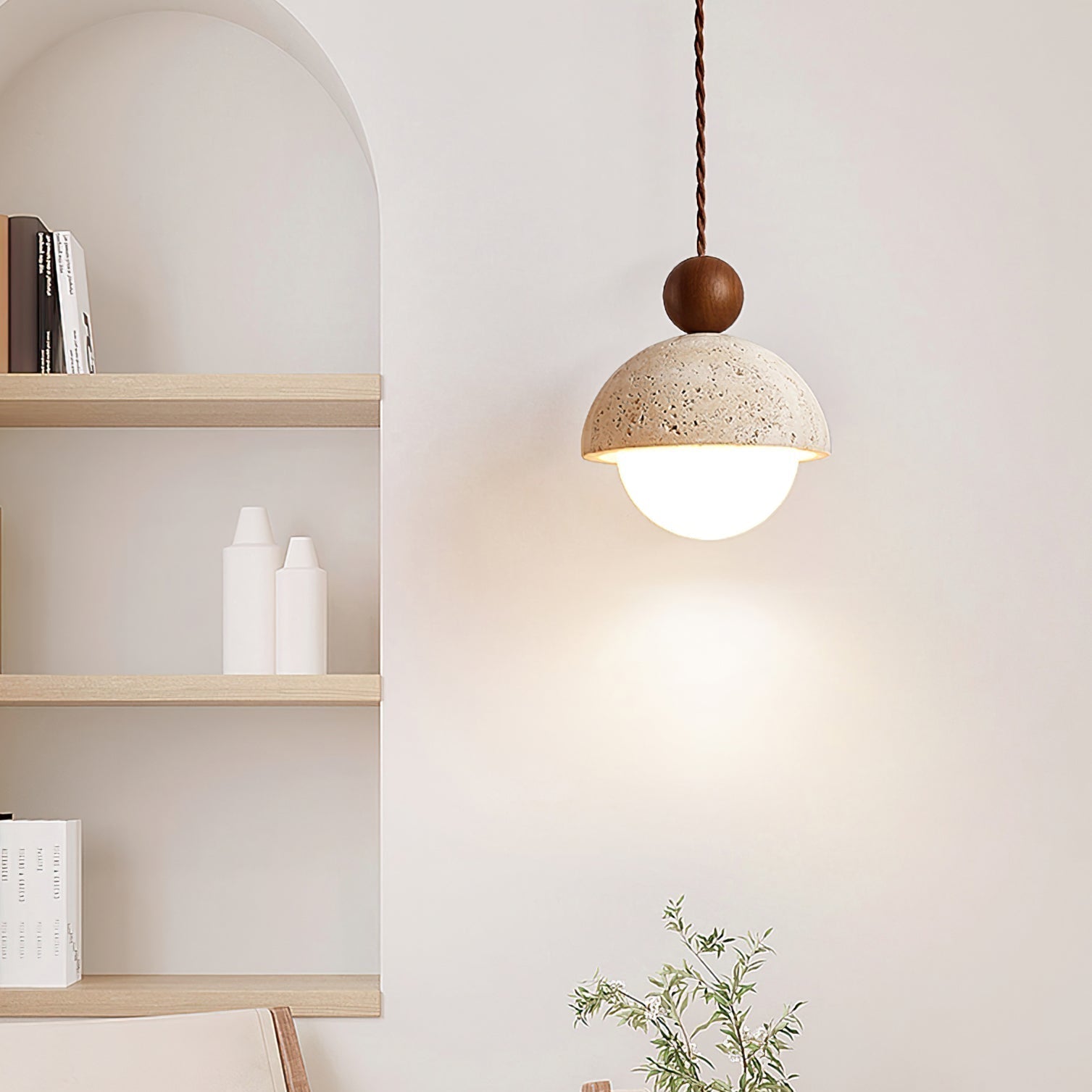 Lyra Travertine Dome Glass Pendant Light With Warm Wood | Lersk