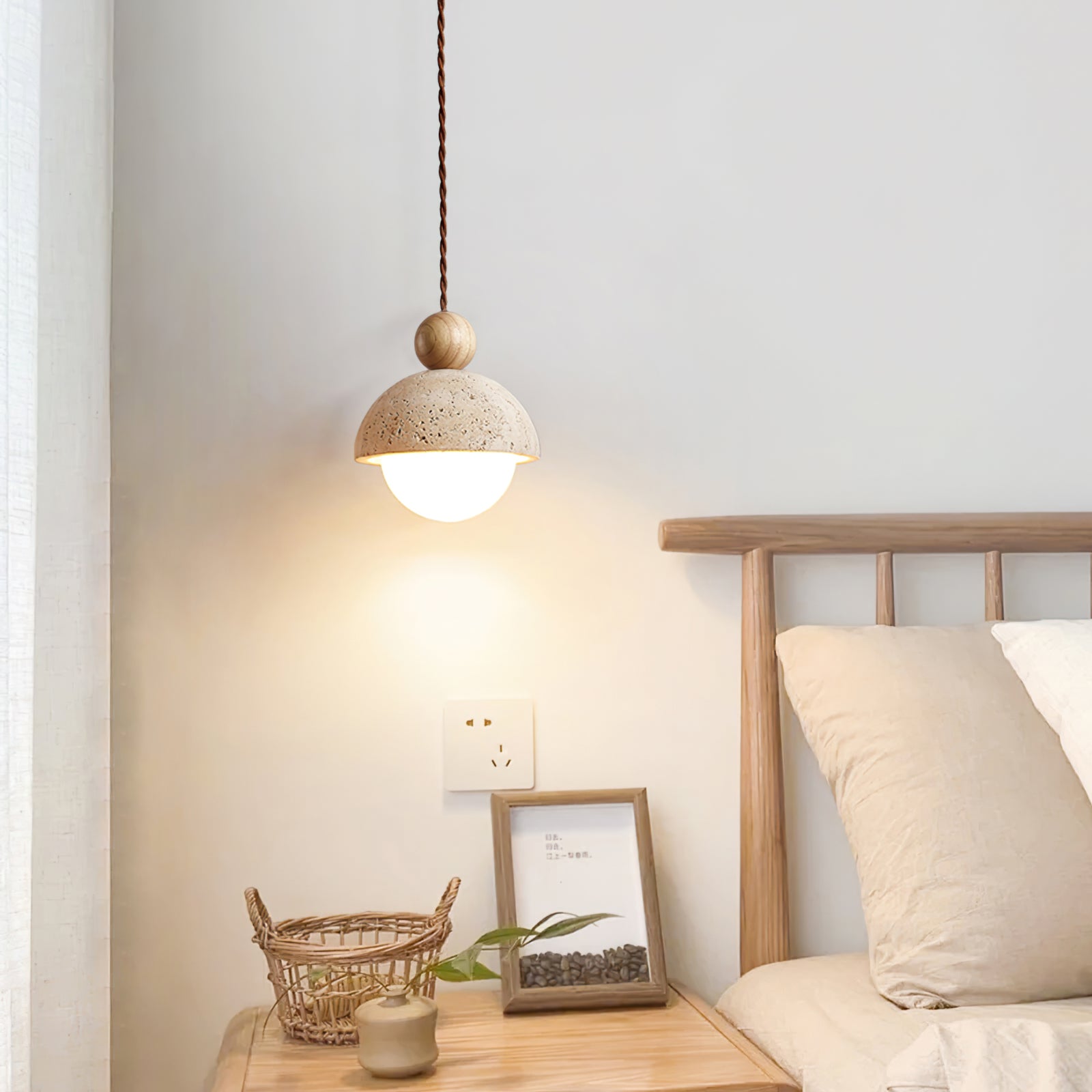 Lyra Travertine Dome Glass Pendant Light With Warm Wood | Lersk