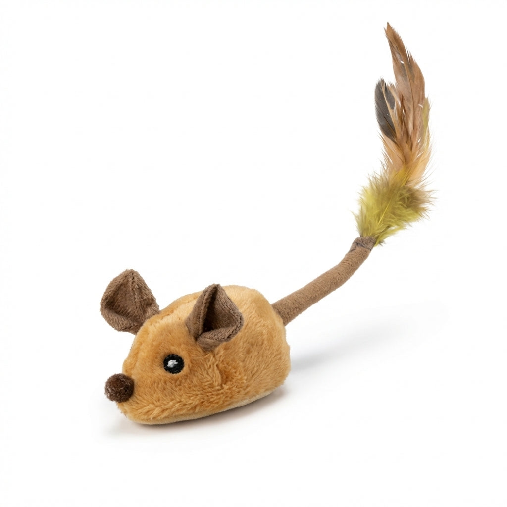 Plush Mouse Cat Toy With Feather Tail Battery Operated Grey And Orange | Lersk