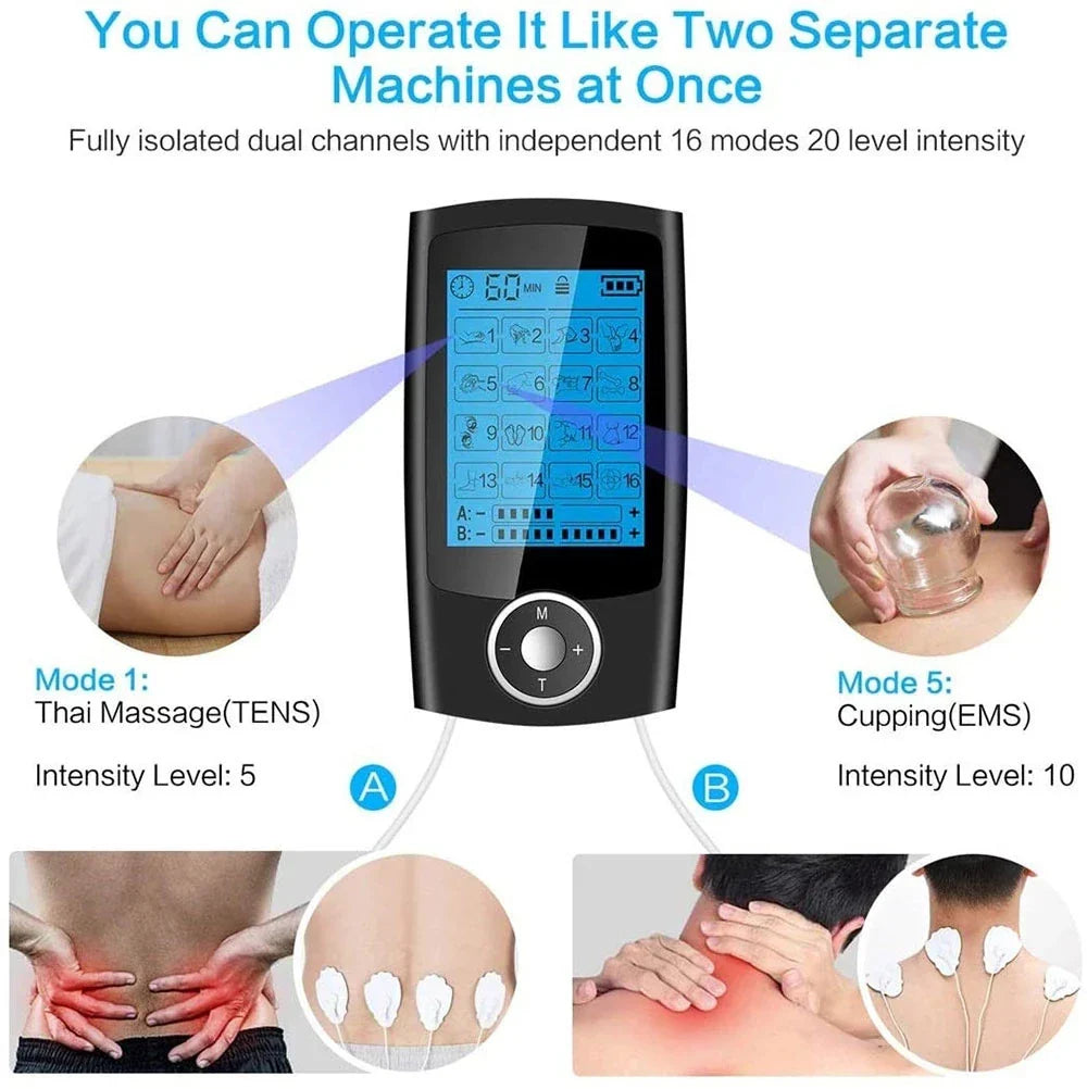 מגרה שרירים TENS EMS עם 16 מצבים ו-10 רמות עוצמה לעיסוי והרפיית הגוף | Lersk