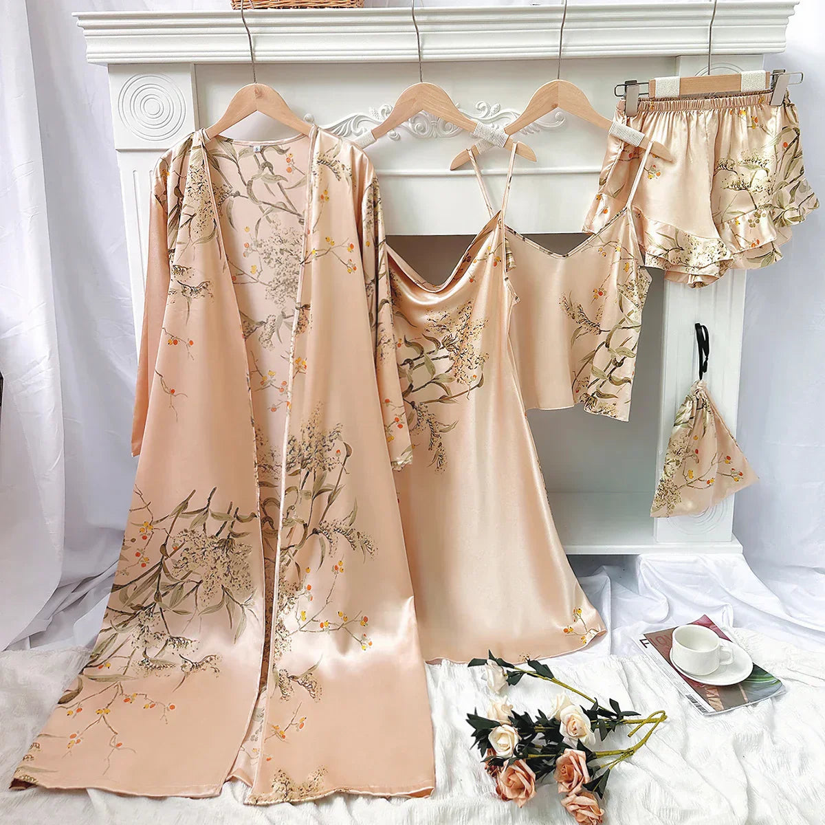 Seraya Luxury Satin Pajama Set 5 Piece For Women Robe Nightgown | Lersk