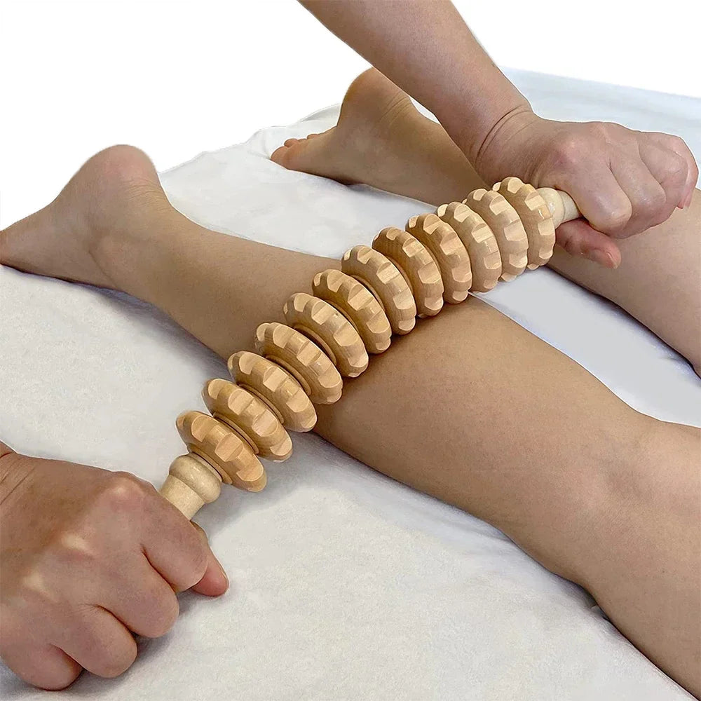 Rolo de Massagem em Madeira com 9 Rolos Giratórios e Pega Antiderrapante para Relaxamento Corporal Completo | Lersk