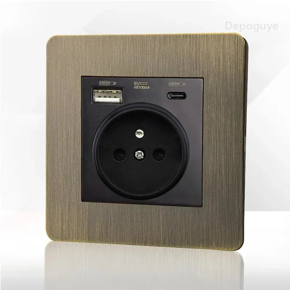 Priză de perete metalică retro cu întrerupător și port USB pentru încărcare | Lersk