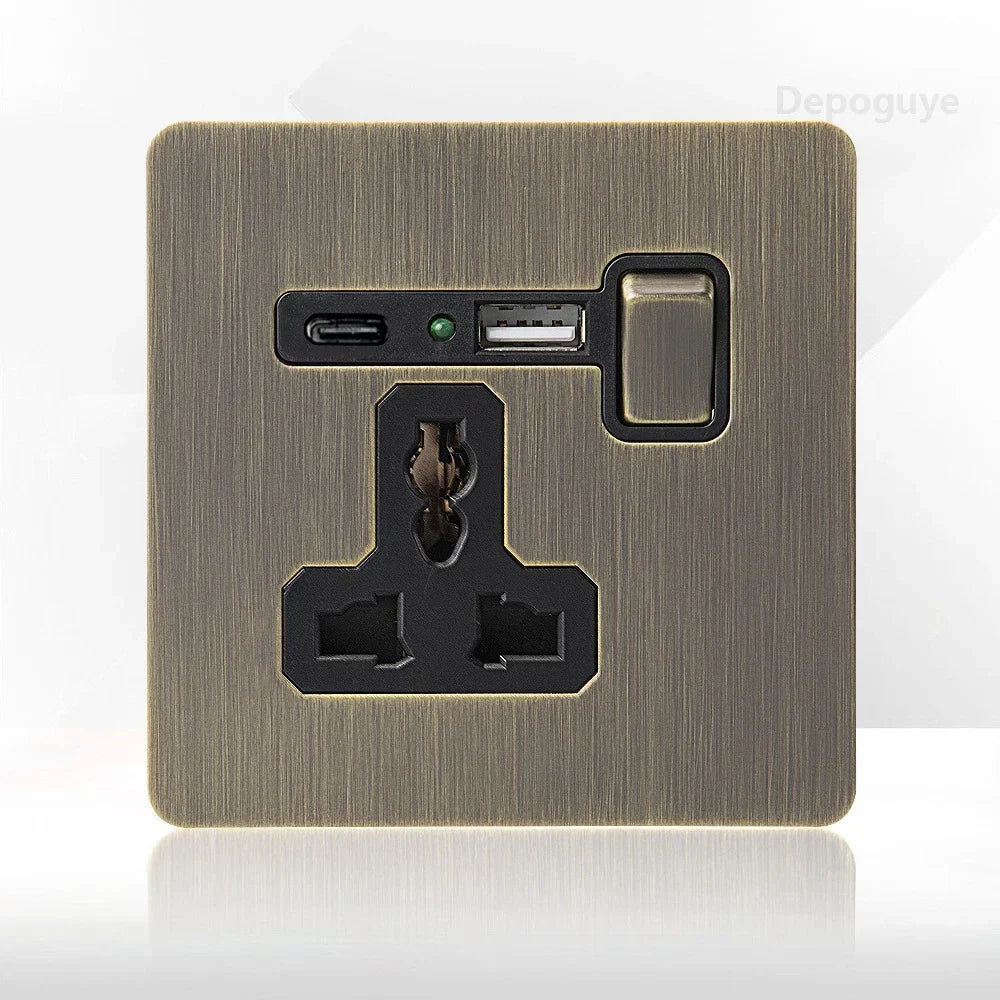 Priză de perete metalică retro cu întrerupător și port USB pentru încărcare | Lersk
