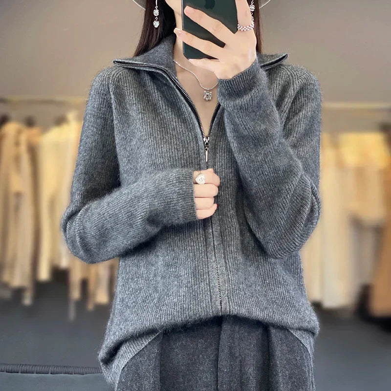 Lyra 100% Cashmere Zip Cardigan | Loose Korean Knit | Lersk