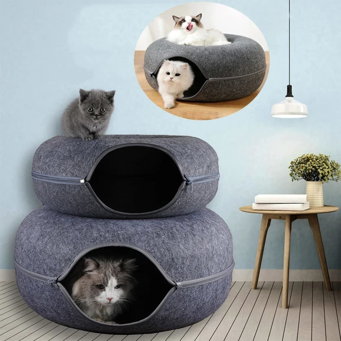 Grand tunnel-lit pour chat en forme de beignet confortable pour jouer et dormir | Lersk