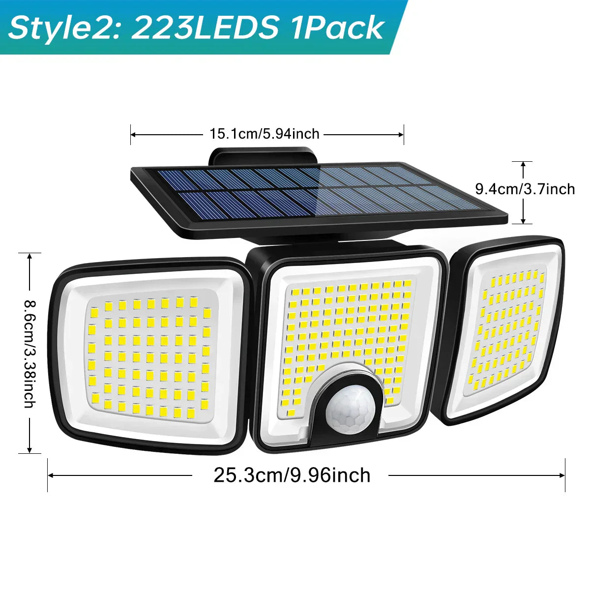 Luce Solare da Esterno con Sensore di Movimento 3 Teste Copertura di 270 Gradi per Giardino 3000 Lumen | Lersk