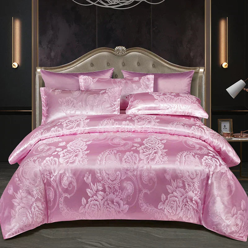 Aurelume Satin Jacquard Dynebetræk Sæt i Guld og Blå 264 x 229 cm | Lersk