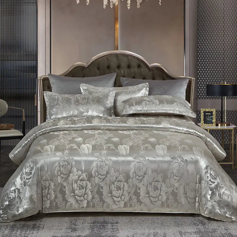 Aurelume Satin Jacquard Dynebetræk Sæt i Guld og Blå 264 x 229 cm | Lersk