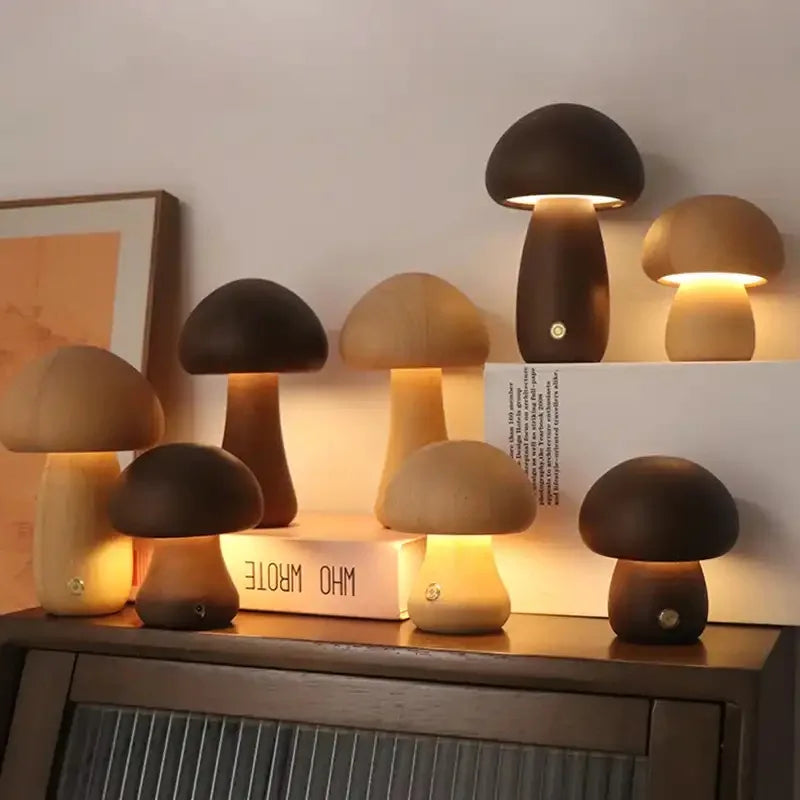 LED houbičková noční lampička stmívatelná dřevěná na noční stolek pro děti | Lersk