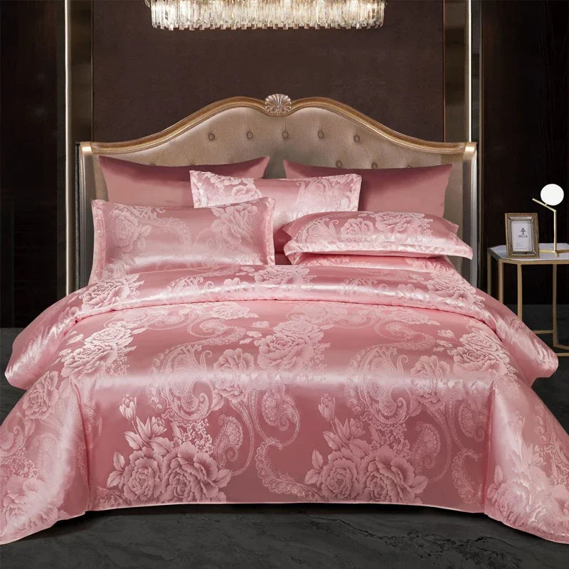 Aurelume Satin Jacquard Dynebetræk Sæt i Guld og Blå 264 x 229 cm | Lersk