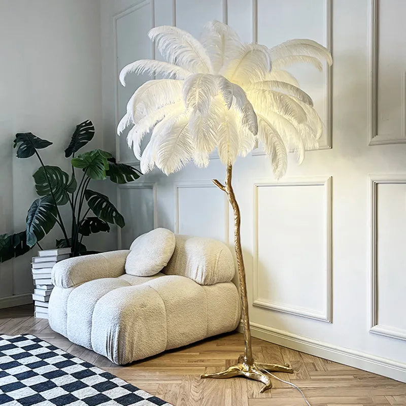 Aurelle Ostrich Feather Floor Lamp in Brass Copper Finish | Lersk