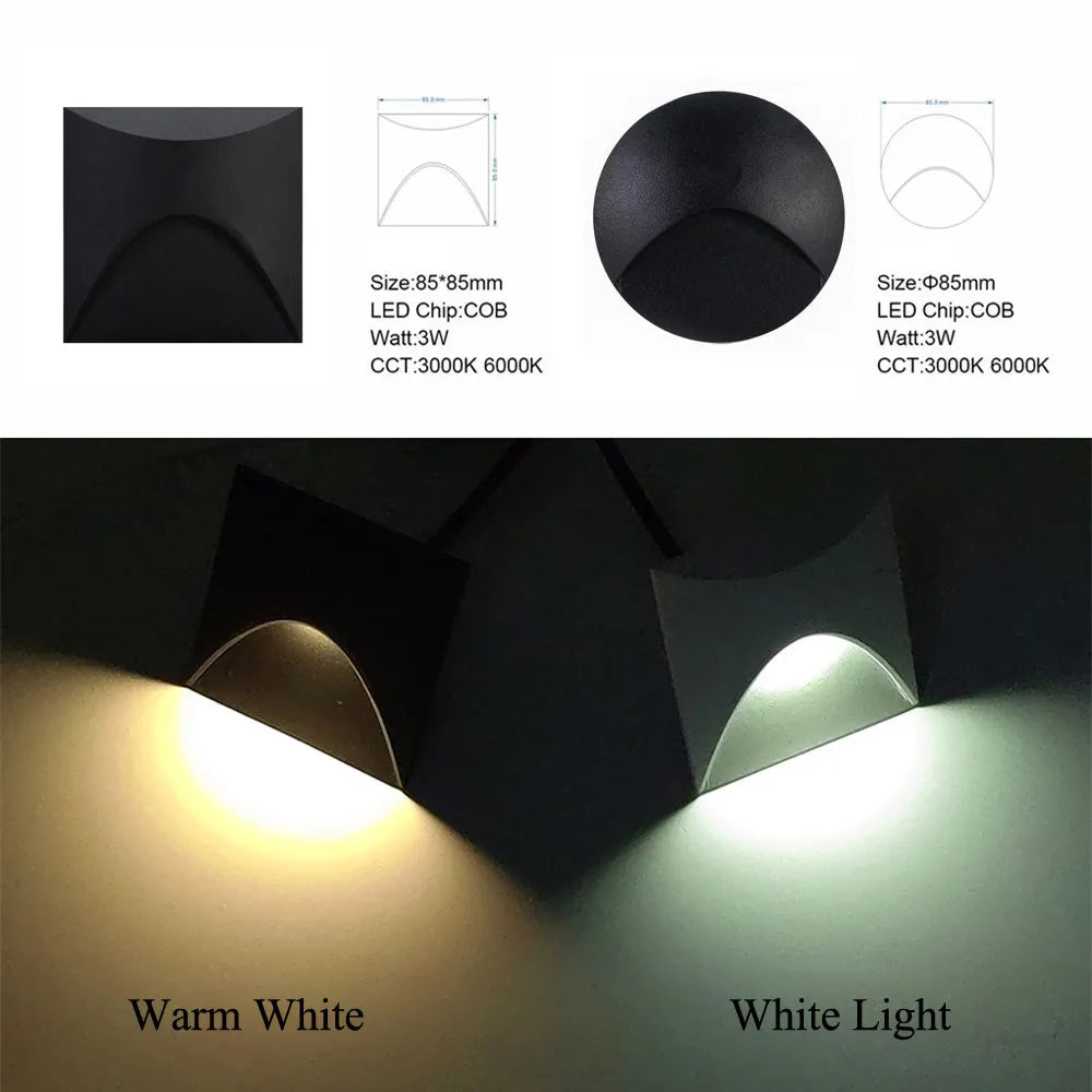 Moderní vodotěsná LED vestavná nástěnná lampa IP65 pro venkovní osvětlení, 3W zabudované světlo na schody, schodiště a balkon | Lersk