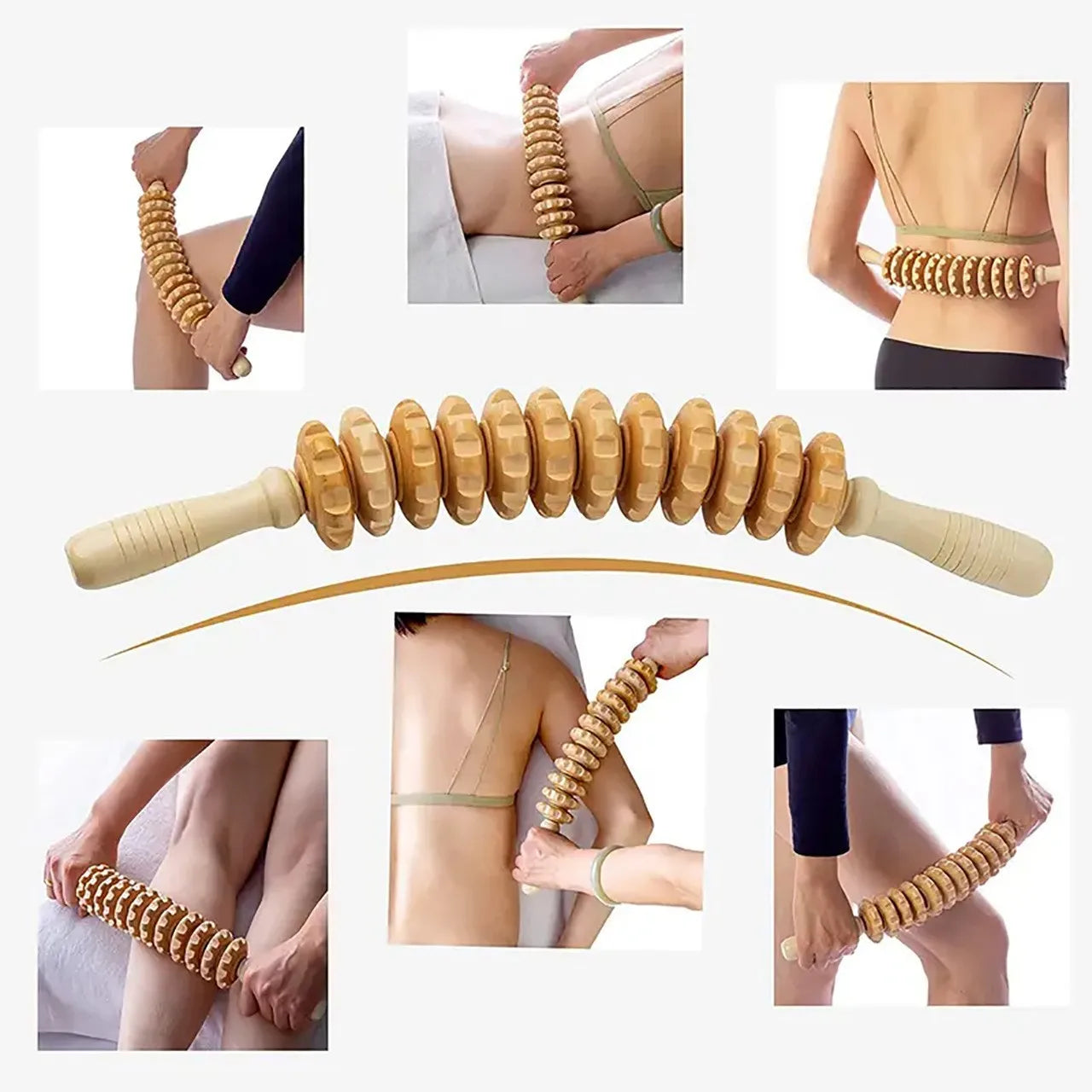 Rolo de Massagem em Madeira com 9 Rolos Giratórios e Pega Antiderrapante para Relaxamento Corporal Completo | Lersk