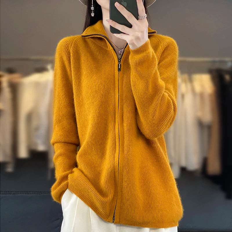 Lyra 100% Cashmere Zip Cardigan | Loose Korean Knit | Lersk