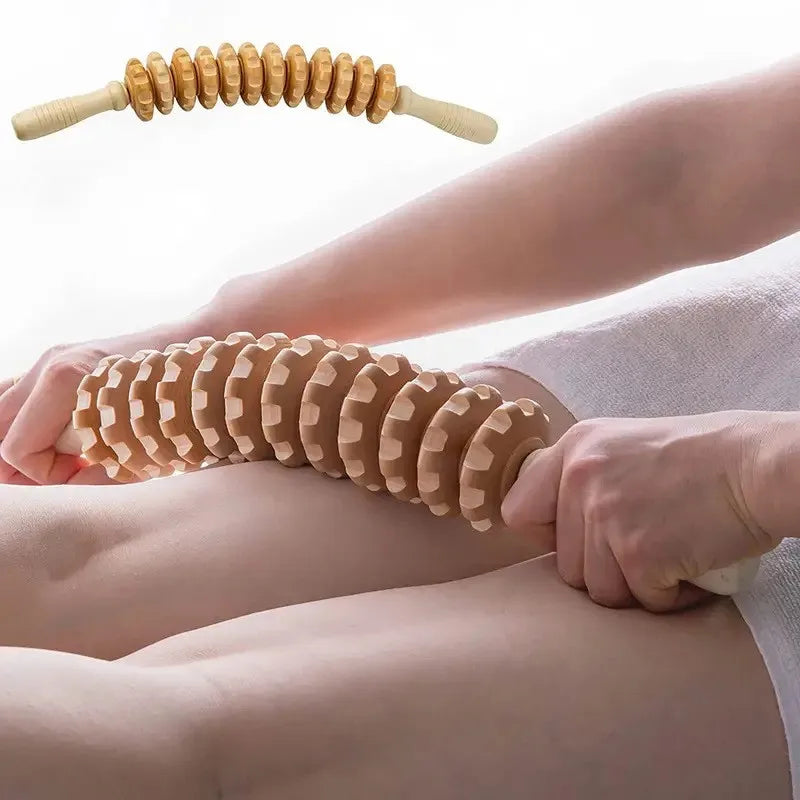 Rolo de Massagem em Madeira com 9 Rolos Giratórios e Pega Antiderrapante para Relaxamento Corporal Completo | Lersk