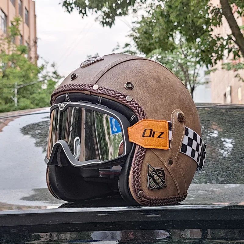 Retro 3/4 åbent motorcykelhjelm – PU-læder & DOT-certificeret | Lersk