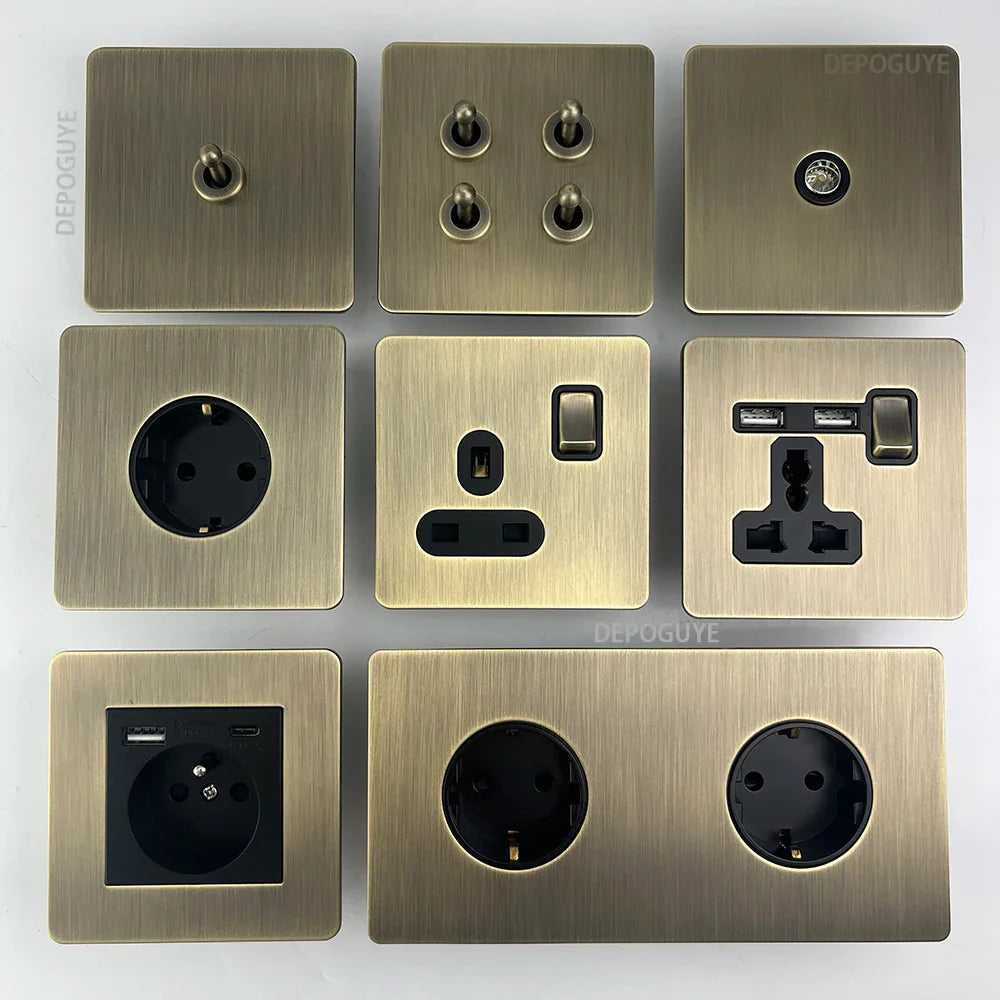 Priză de perete metalică retro cu întrerupător și port USB pentru încărcare | Lersk