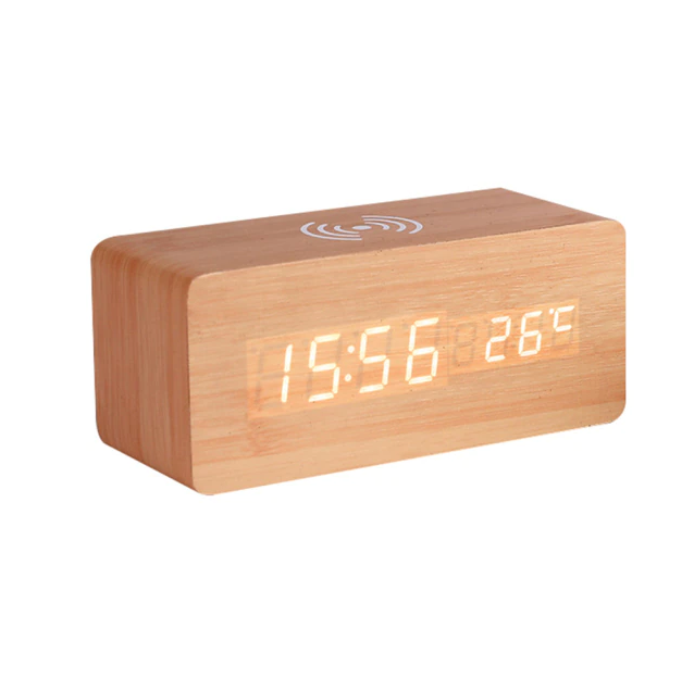 Wooden LED Alarm Clock With Wireless Charger And Thermometer | Lersk