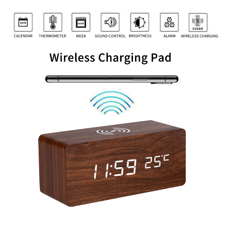 Wooden LED Alarm Clock With Wireless Charger And Thermometer | Lersk