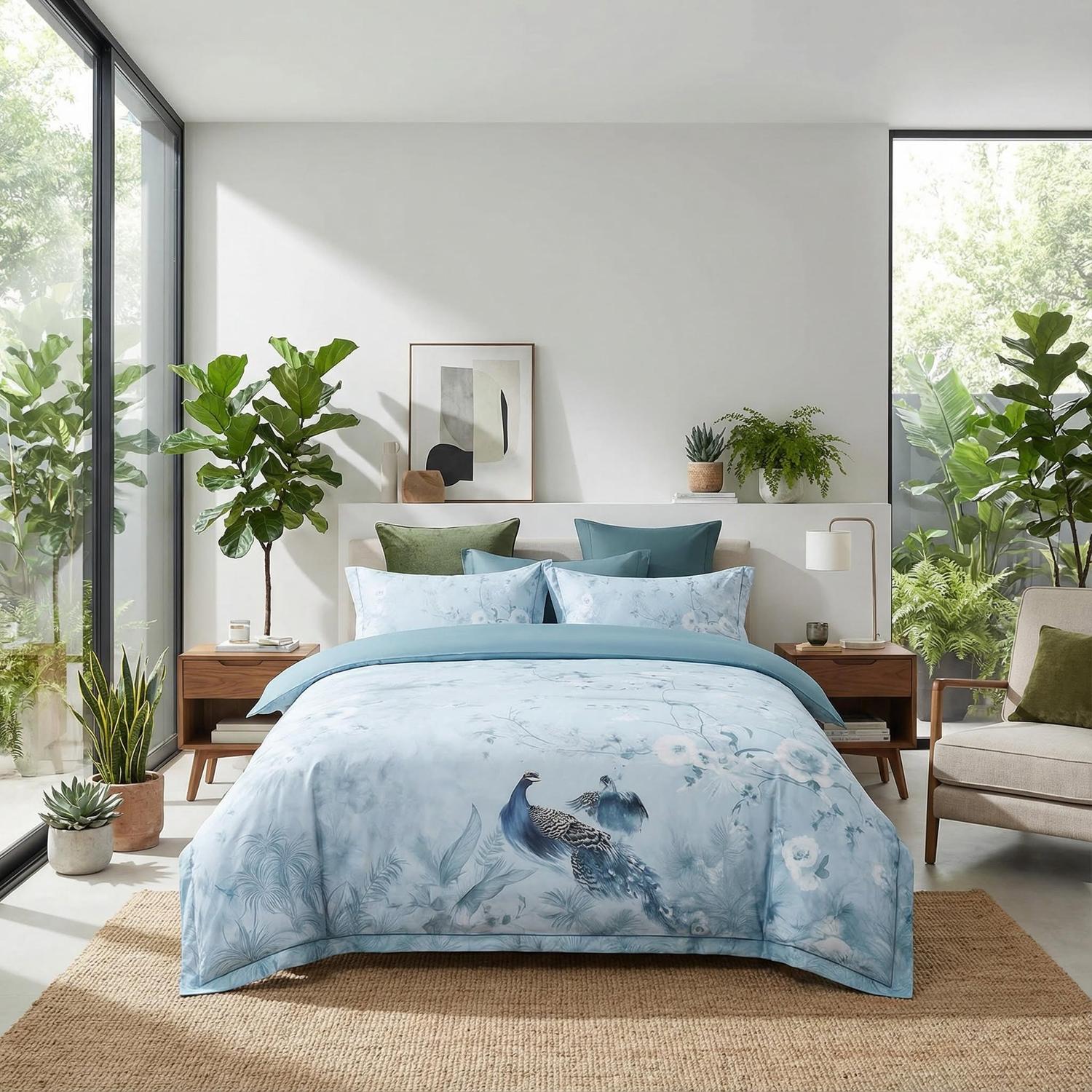 Tranquil Peacock Bedding Set With Icy Blue Base And Floral Accents | Lersk