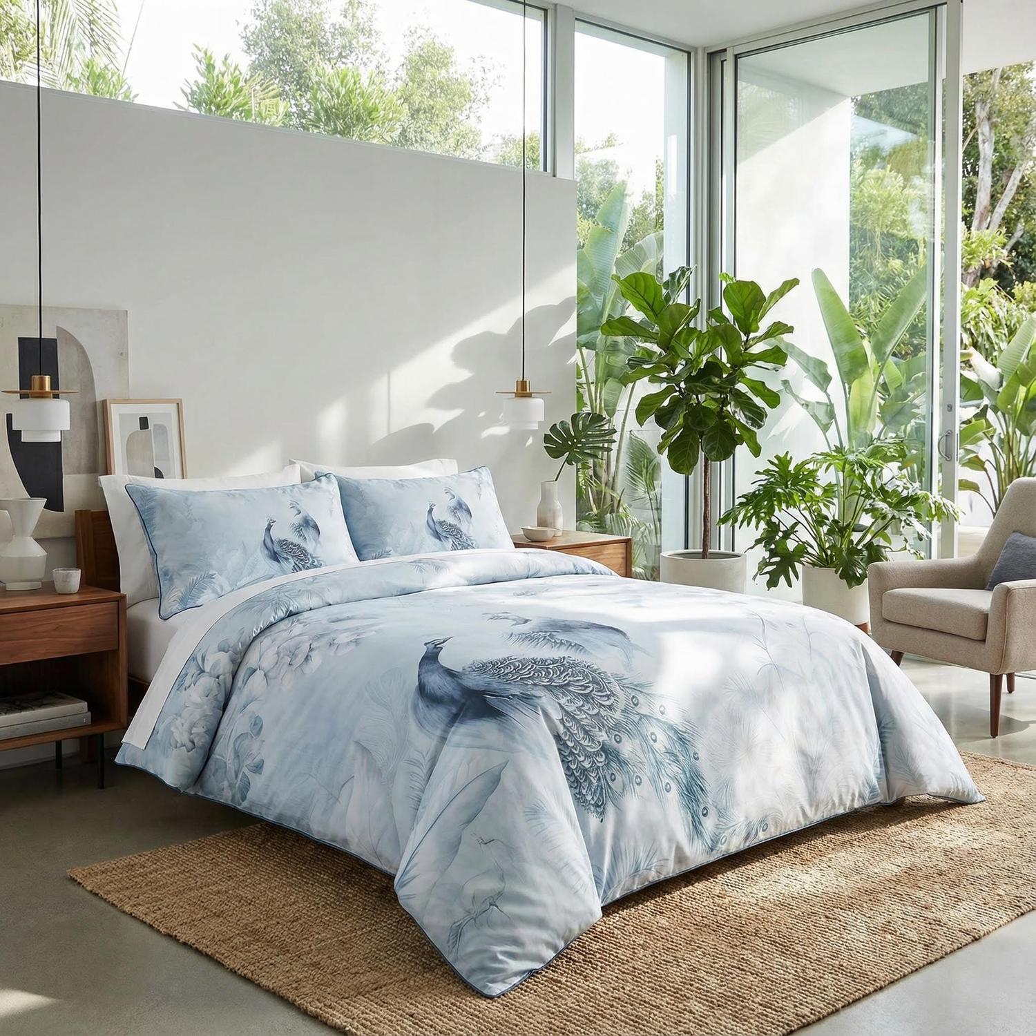 Tranquil Peacock Bedding Set With Icy Blue Base And Floral Accents | Lersk