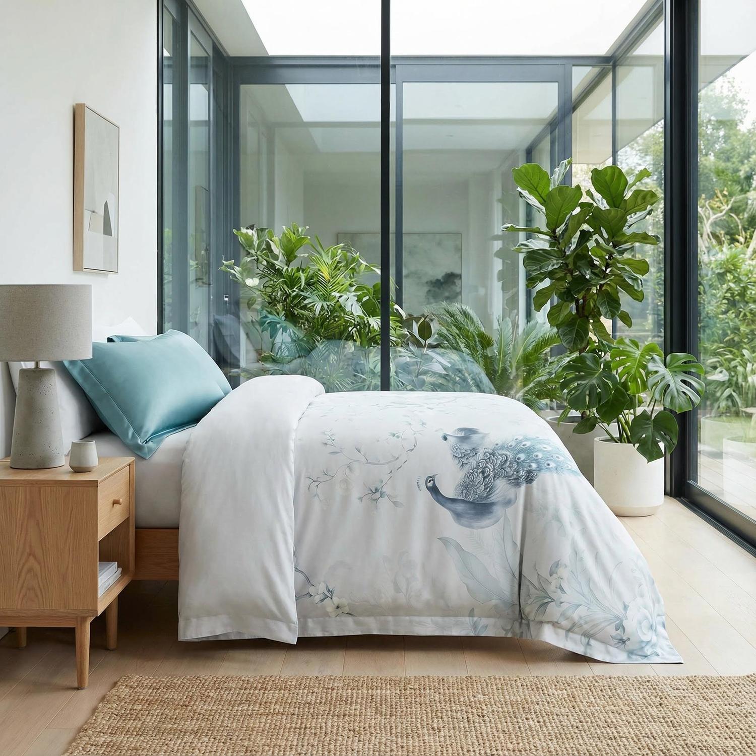 Tranquil Peacock Bedding Set With Icy Blue Base And Floral Accents | Lersk