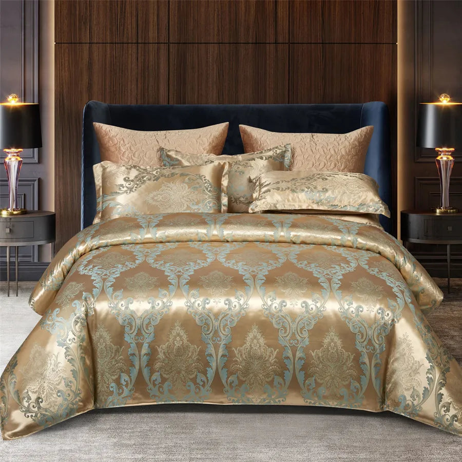 Aurelume Satin Jacquard Dynebetræk Sæt i Guld og Blå 264 x 229 cm | Lersk