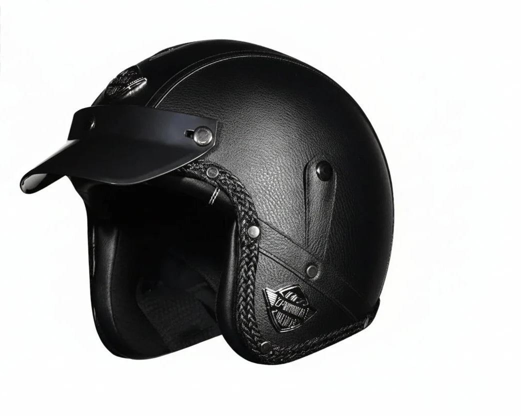 Retro 3/4 åbent motorcykelhjelm – PU-læder & DOT-certificeret | Lersk