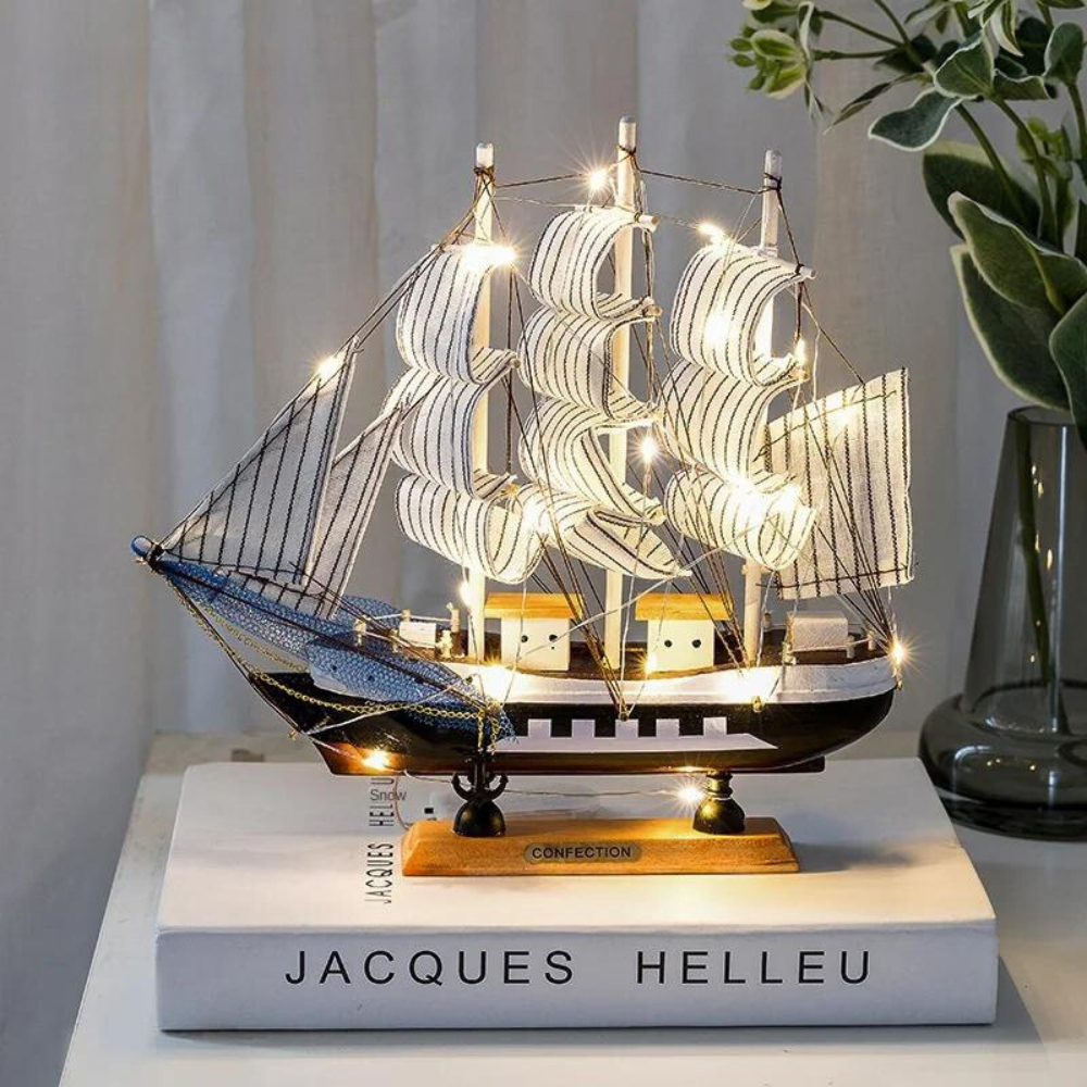 Royaleva Nordic Wood Sailboat Sculpture With LED Illumination, Battery-Operated Decorative Piece | Lersk