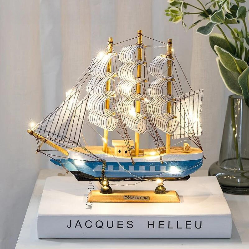 Royaleva Nordic Wood Sailboat Sculpture With LED Illumination, Battery-Operated Decorative Piece | Lersk