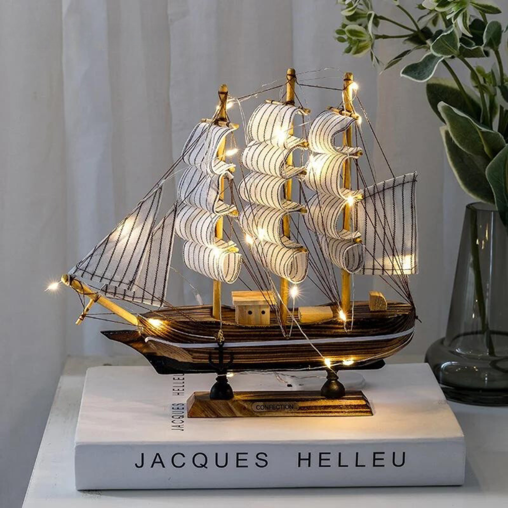 Royaleva Nordic Wood Sailboat Sculpture With LED Illumination, Battery-Operated Decorative Piece | Lersk