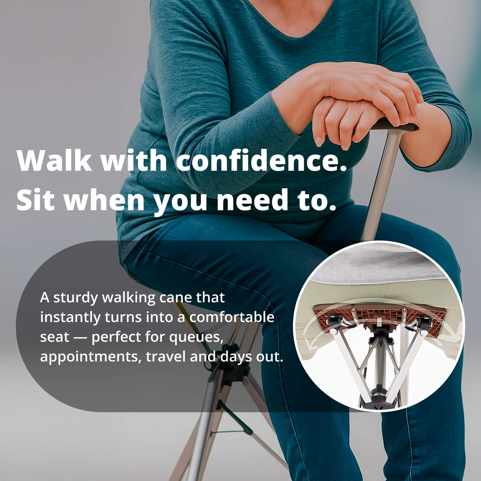 Bengala com Assento - Cadeira Dobrável Portátil para Conforto em Movimento | Suporte de Mobilidade | Lersk