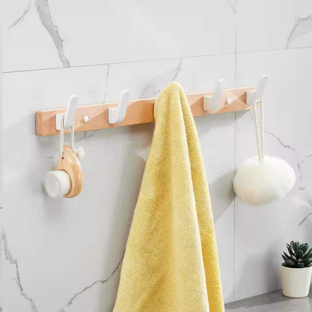 Rustic Wood Wall Hooks with Five Metal Hangers for Entryway | Lersk