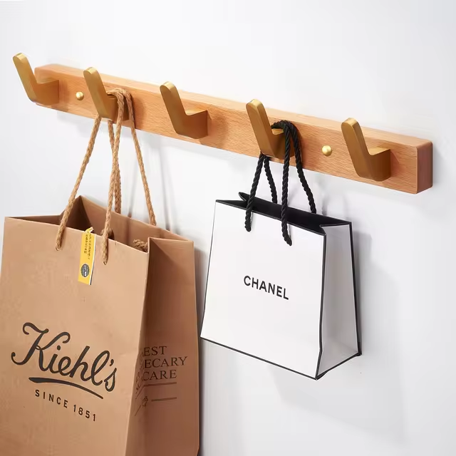 Rustic Wood Wall Hooks with Five Metal Hangers for Entryway | Lersk
